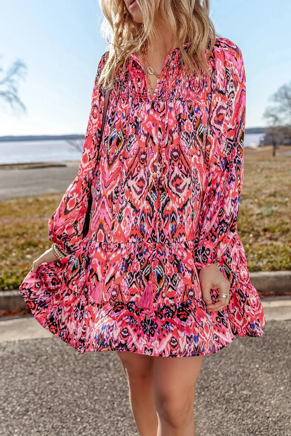 ✨ Tassel Printed Tie Neck Long Sleeve Dress ✨