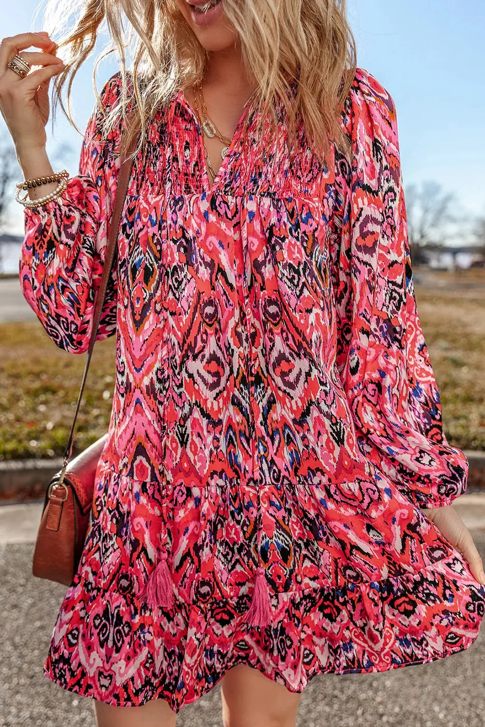 ✨ Tassel Printed Tie Neck Long Sleeve Dress ✨