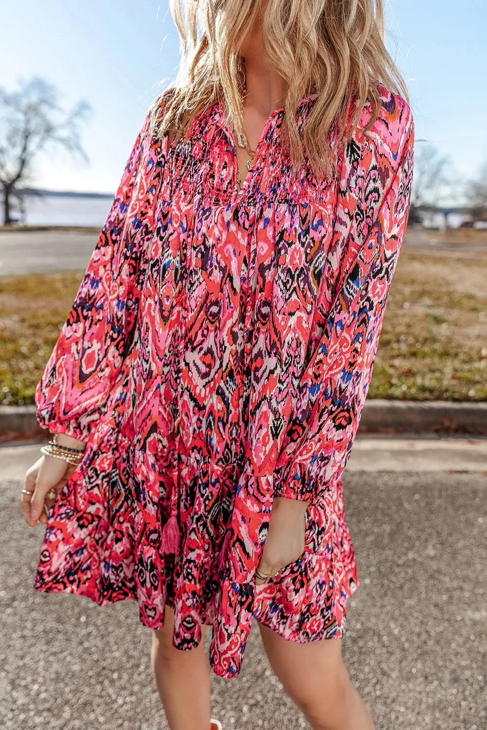 ✨ Tassel Printed Tie Neck Long Sleeve Dress ✨