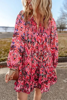 ✨ Tassel Printed Tie Neck Long Sleeve Dress ✨