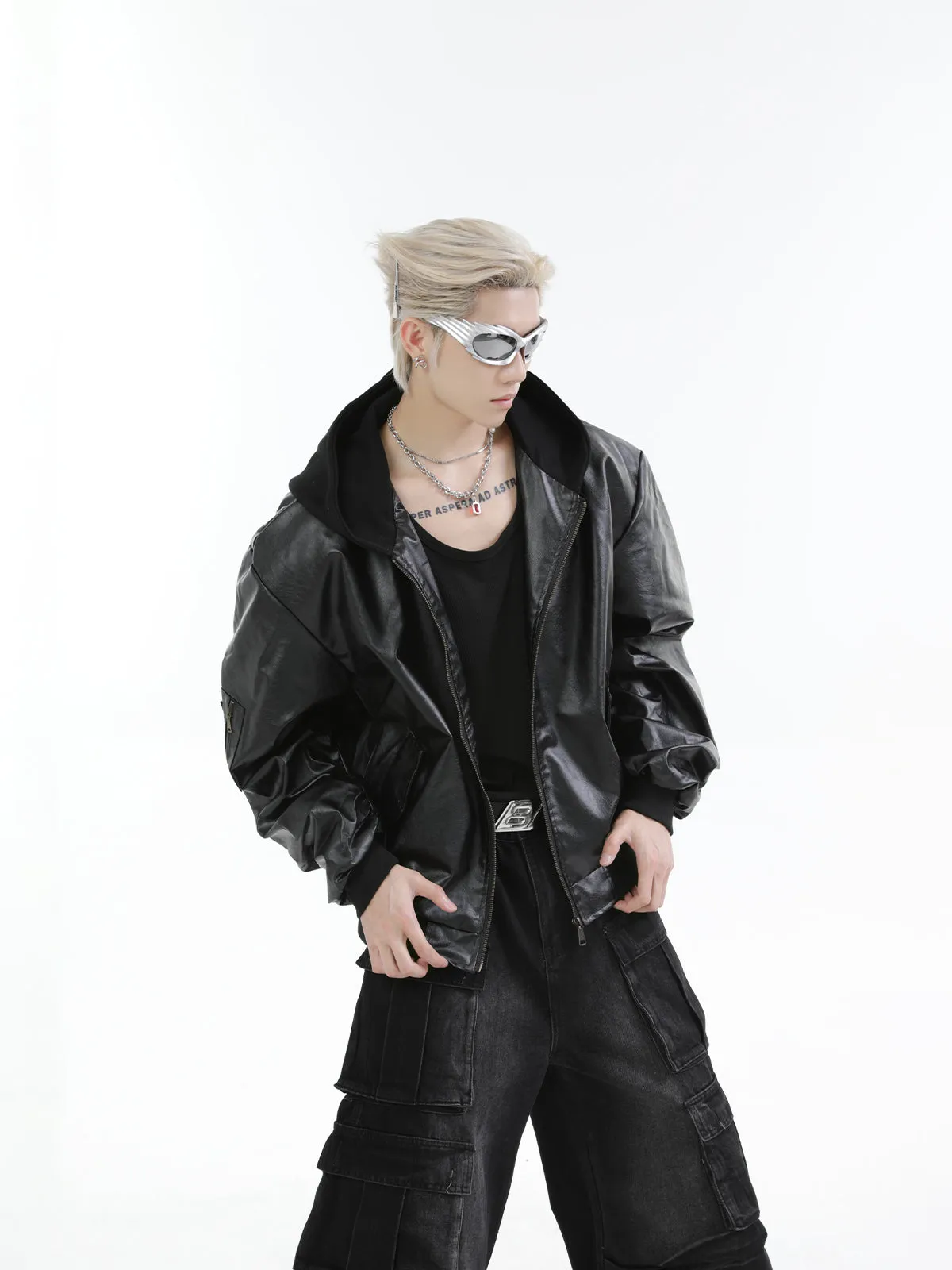 【24s Oct.】Versatile Heavy-Duty Patchwork Hooded Leather Jacket
