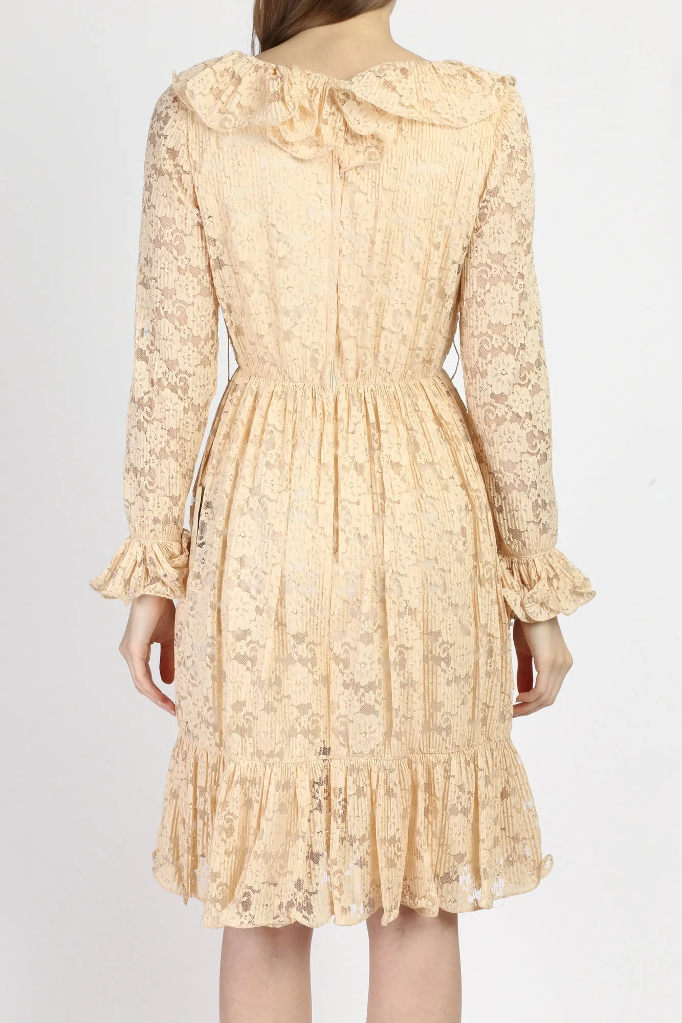 60s 70s Jack Bryan Peach Lace Ruffle Mini Dress - Extra Small