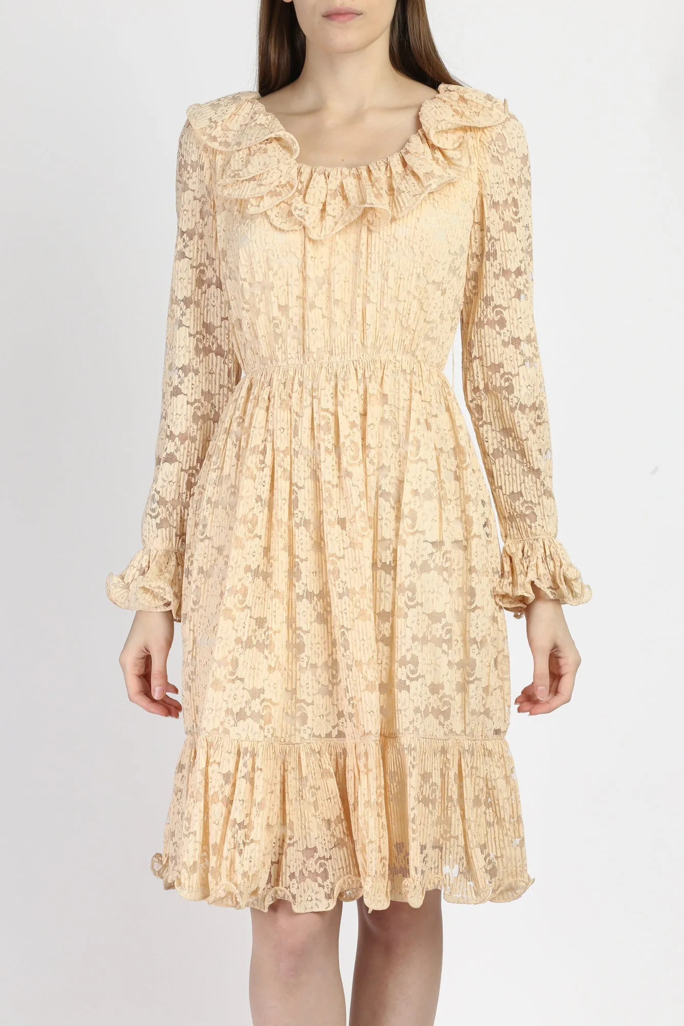 60s 70s Jack Bryan Peach Lace Ruffle Mini Dress - Extra Small