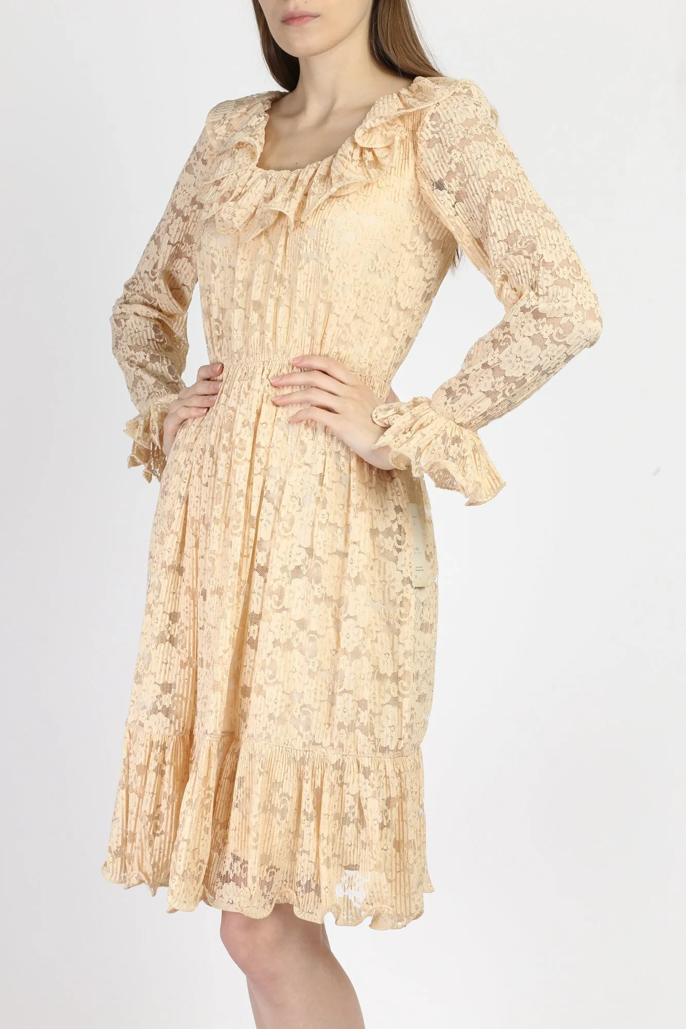 60s 70s Jack Bryan Peach Lace Ruffle Mini Dress - Extra Small