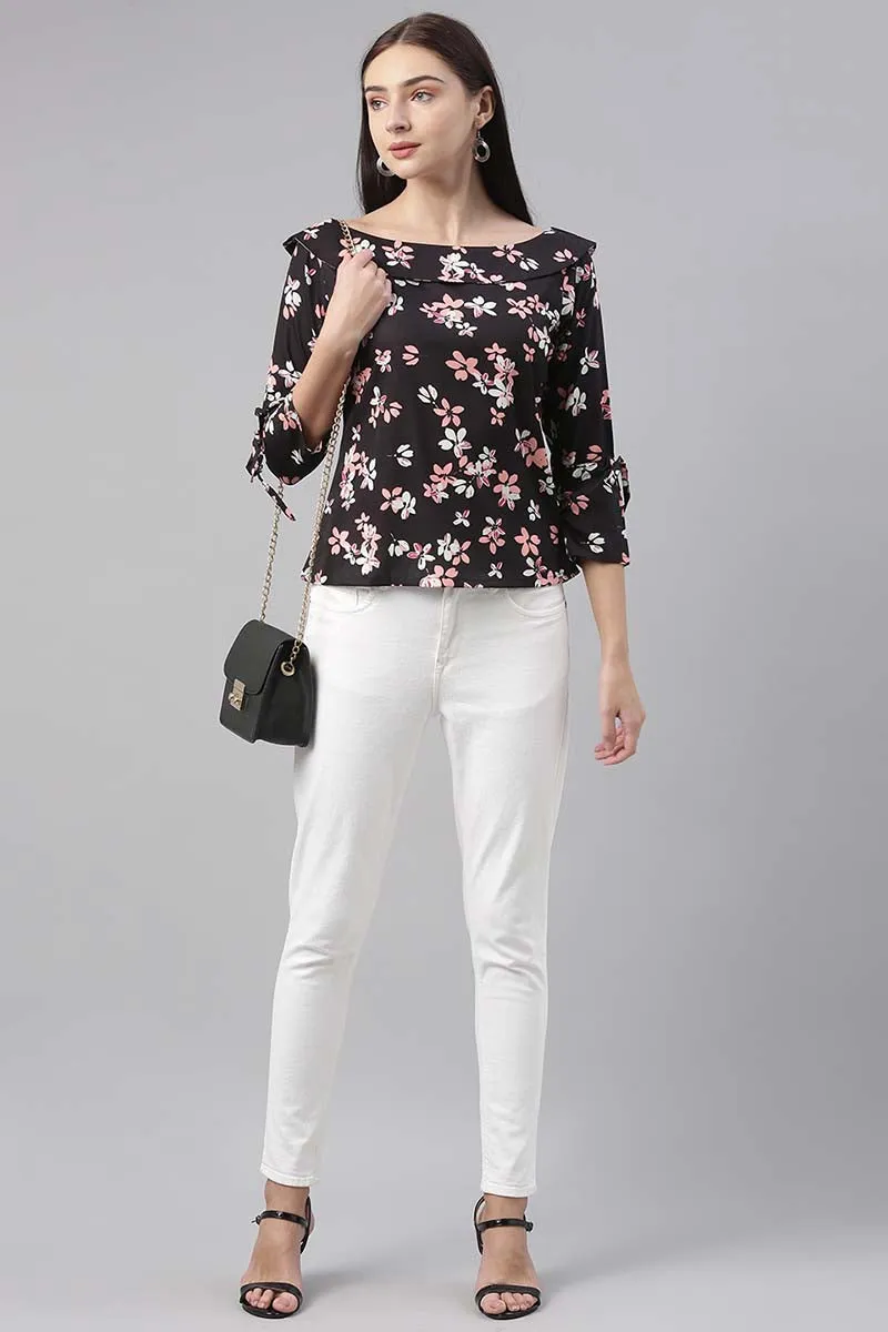 Black Georgette Floral Printed Regular Top