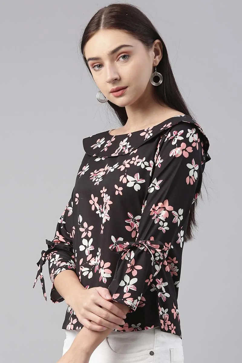 Black Georgette Floral Printed Regular Top