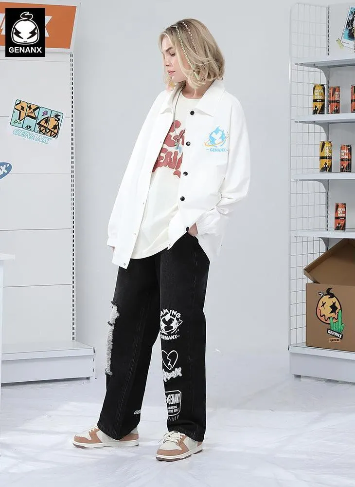 Black Hip Hop Ripped Color Block Print Denim Pants