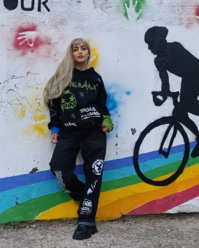 Black Hip Hop Ripped Color Block Print Denim Pants