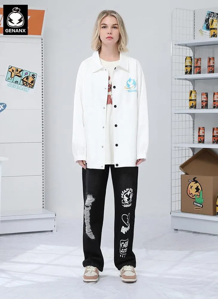Black Hip Hop Ripped Color Block Print Denim Pants