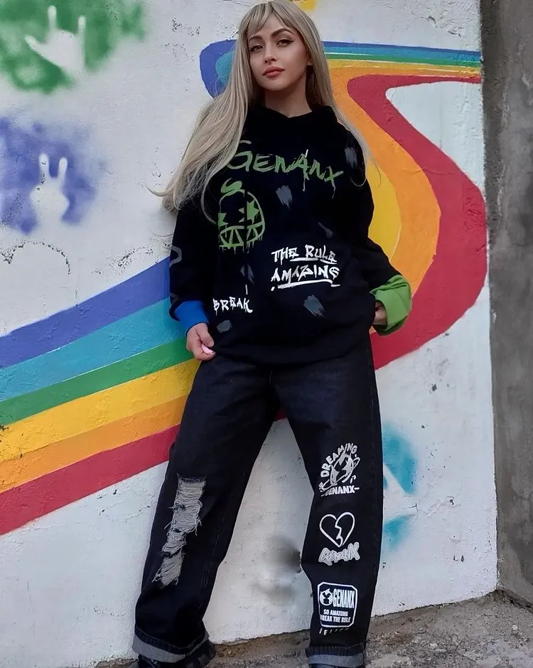 Black Hip Hop Ripped Color Block Print Denim Pants