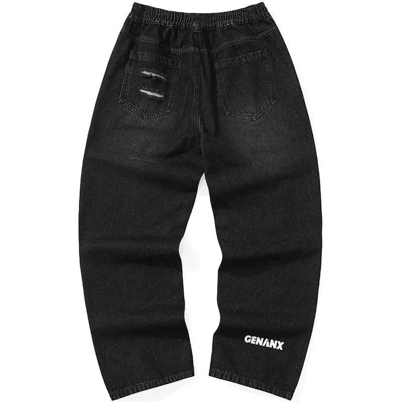 Black Hip Hop Ripped Color Block Print Denim Pants
