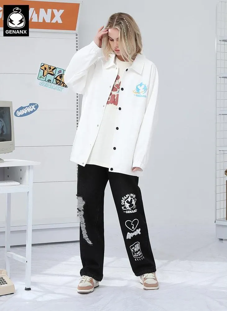 Black Hip Hop Ripped Color Block Print Denim Pants