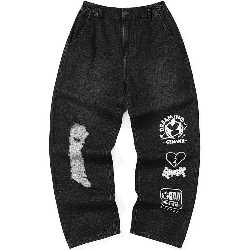 Black Hip Hop Ripped Color Block Print Denim Pants