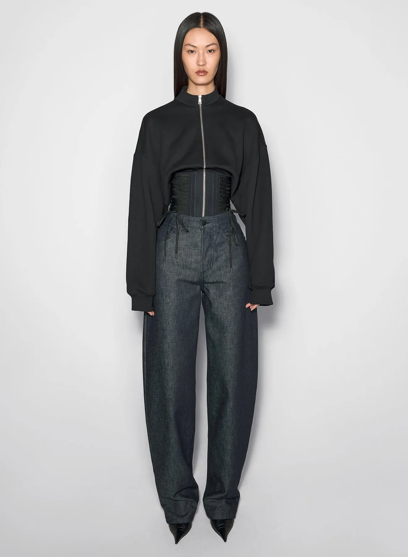black laced corset zip-up sweater