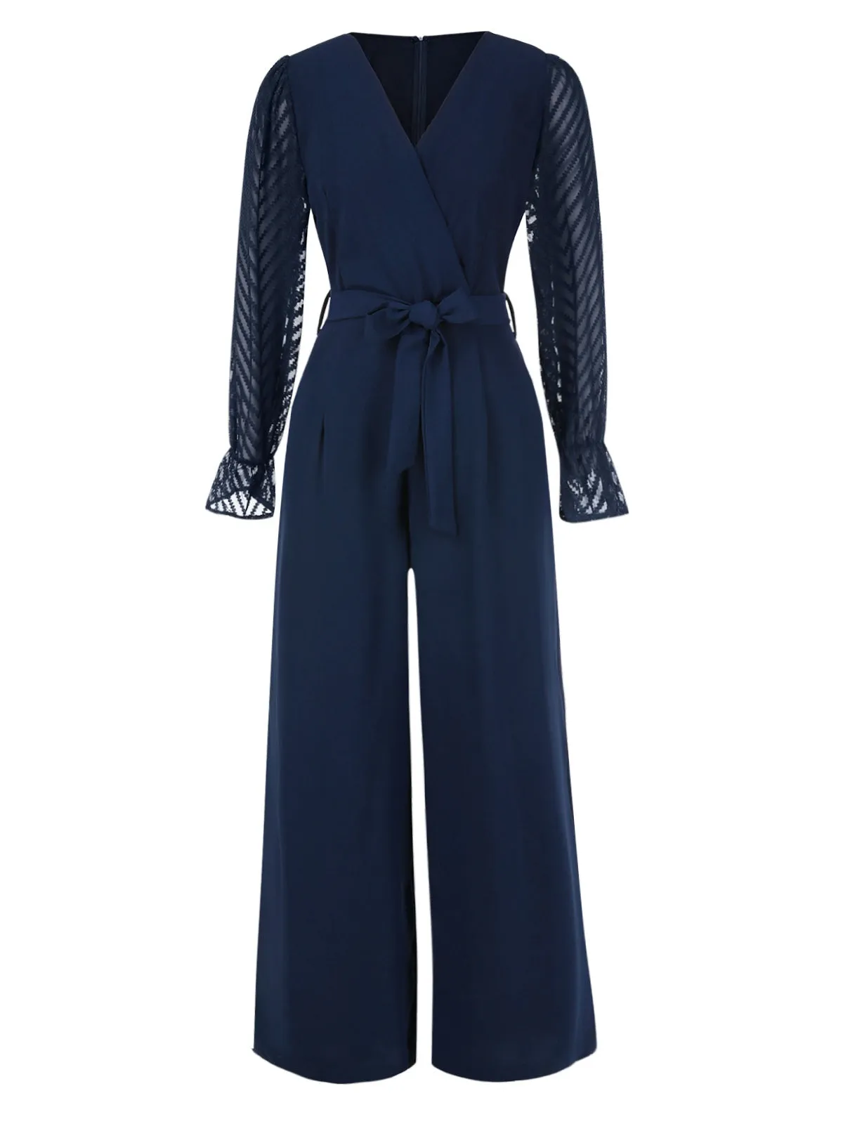 Blue 1960s Curve Stripes Sheer Patchwork Jumpsuit