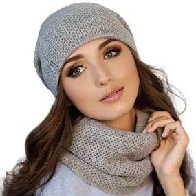 Braxton Hats and Scarf Set Women - Grey Knit Slouchy Plain Beanie Neck Warmer - Wool Fleece Cap Infinity Scarfs