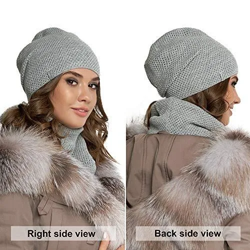 Braxton Hats and Scarf Set Women - Grey Knit Slouchy Plain Beanie Neck Warmer - Wool Fleece Cap Infinity Scarfs
