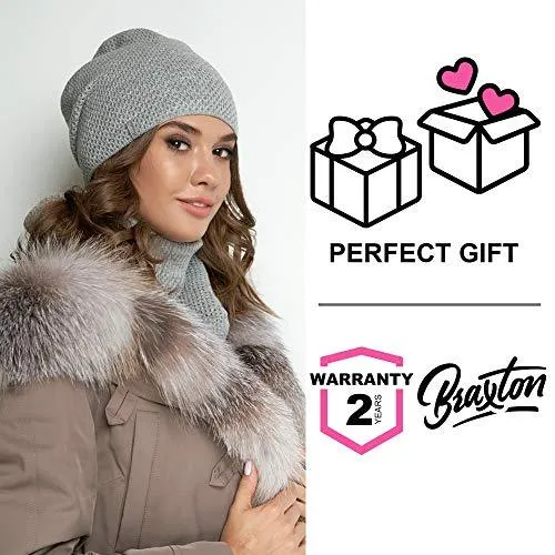 Braxton Hats and Scarf Set Women - Grey Knit Slouchy Plain Beanie Neck Warmer - Wool Fleece Cap Infinity Scarfs