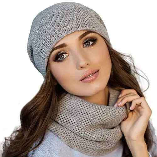 Braxton Hats and Scarf Set Women - Grey Knit Slouchy Plain Beanie Neck Warmer - Wool Fleece Cap Infinity Scarfs