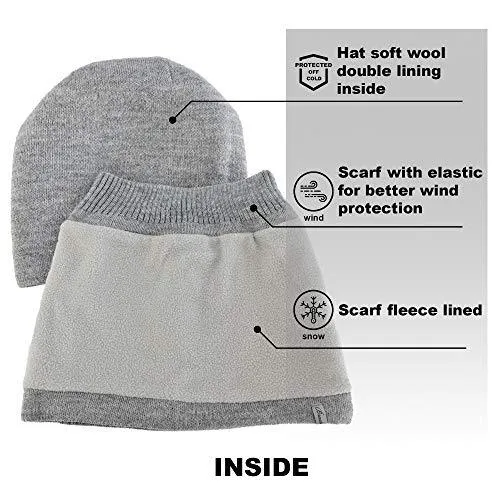 Braxton Hats and Scarf Set Women - Grey Knit Slouchy Plain Beanie Neck Warmer - Wool Fleece Cap Infinity Scarfs