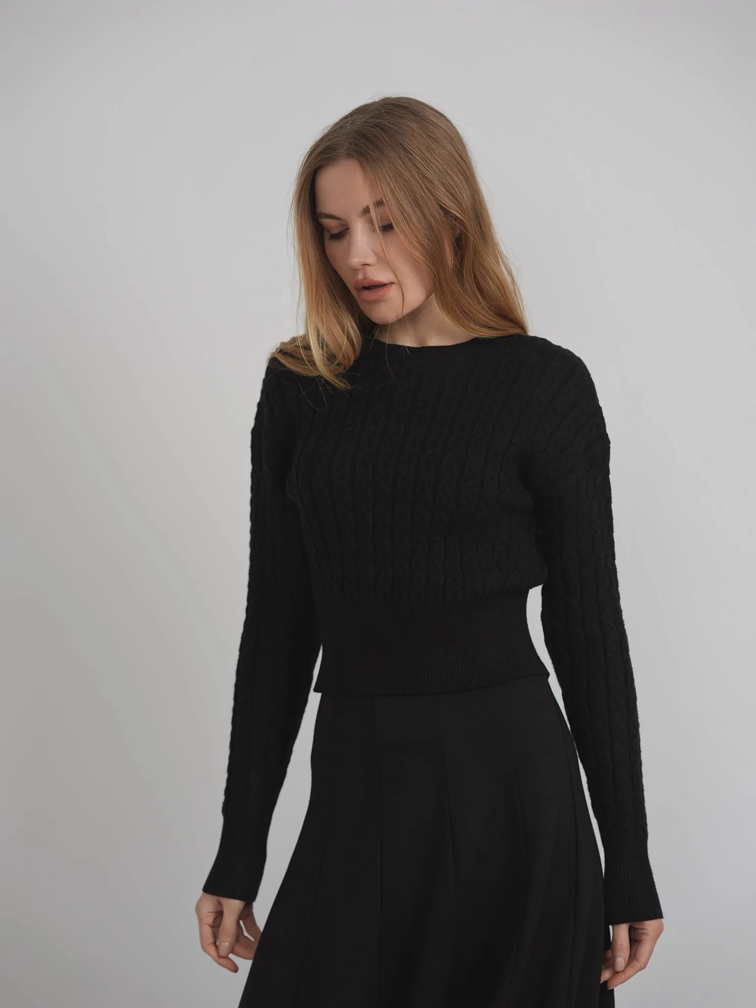 BuHu Black Cropped Cable Sweater WB4CM1063TE