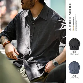Casual Solid Color Lapel Shirt with Front Shoulder Fold and Long Sleeves