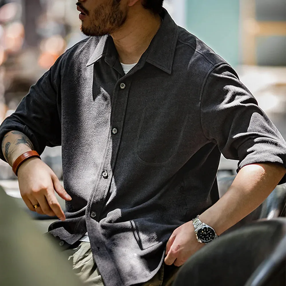 Casual Solid Color Lapel Shirt with Front Shoulder Fold and Long Sleeves