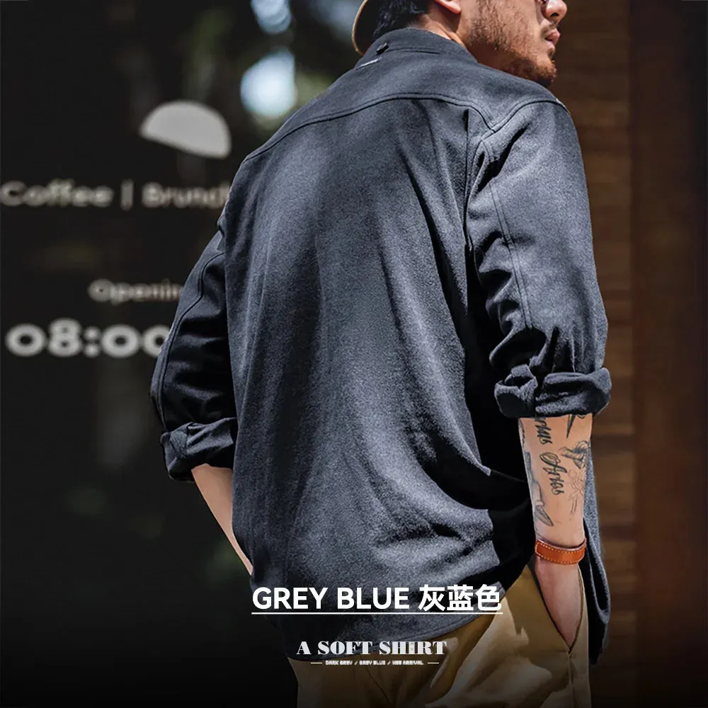 Casual Solid Color Lapel Shirt with Front Shoulder Fold and Long Sleeves