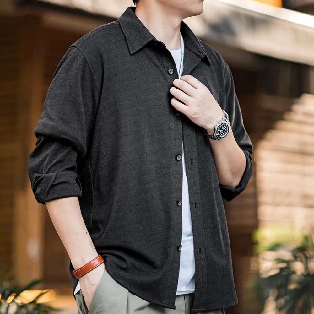 Casual Solid Color Lapel Shirt with Front Shoulder Fold and Long Sleeves