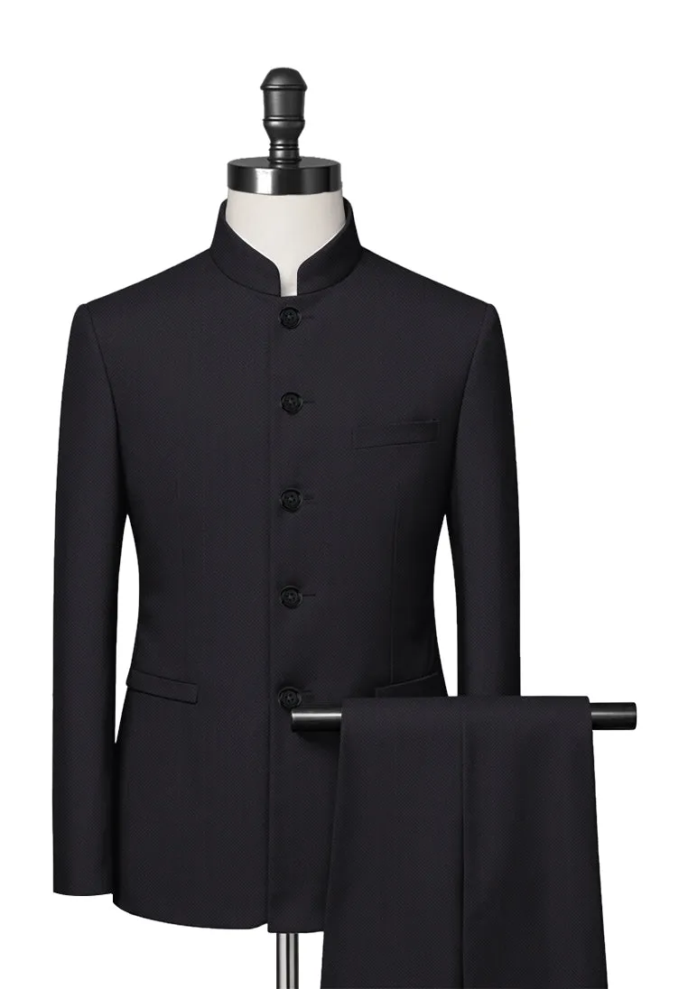 Charcoal Grey Herringbone Mandarin Collar Suit
