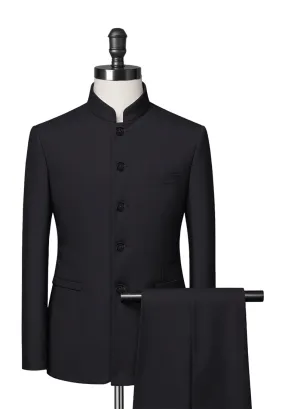 Charcoal Grey Herringbone Mandarin Collar Suit
