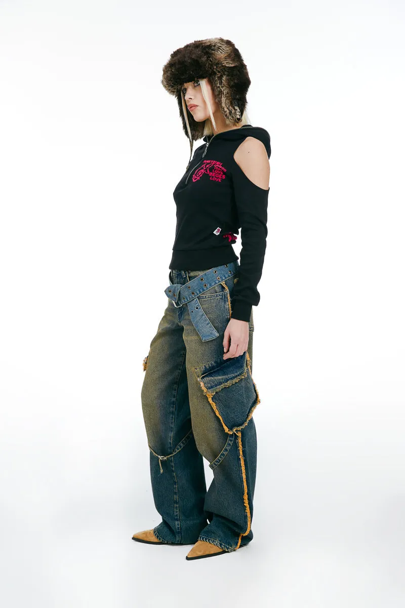 Cold Shoulder Hooded Sweatshirt Black
