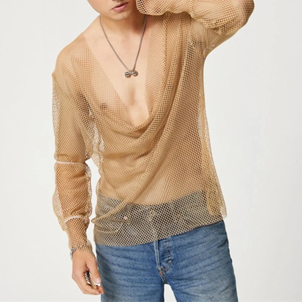 COZOK Men's Low-Cut Mesh Long-Sleeve Top