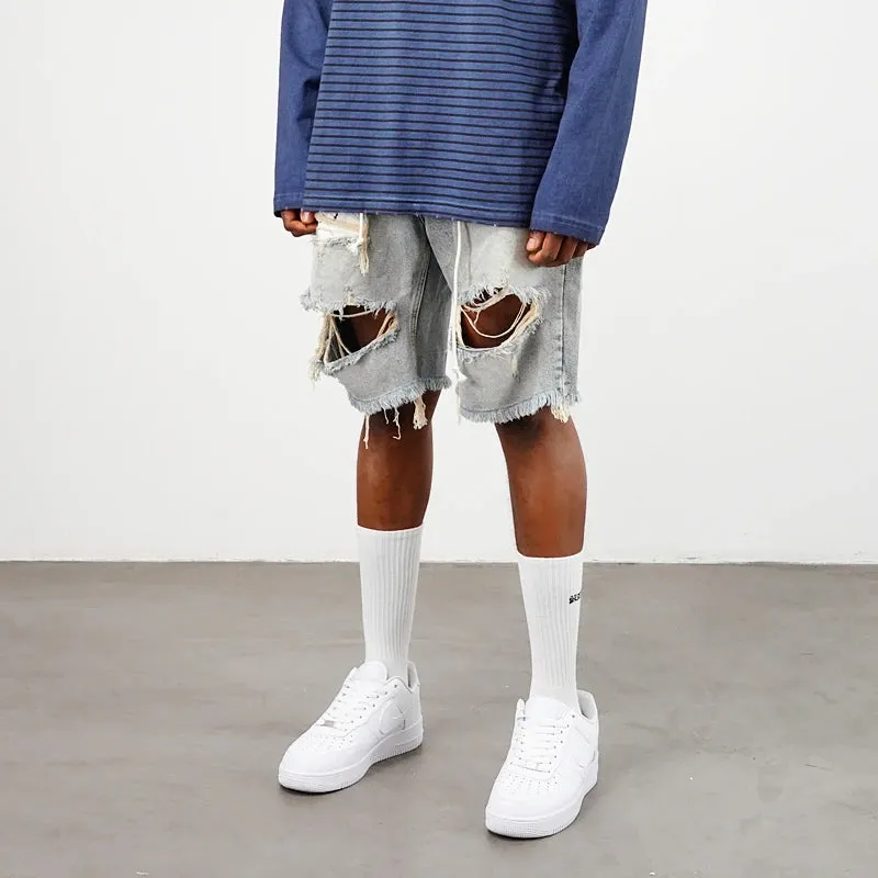 Damaged Burr Edge Hanging Beard Washed High Street Big Hole Denim Shorts