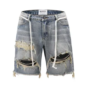 Damaged Burr Edge Hanging Beard Washed High Street Big Hole Denim Shorts