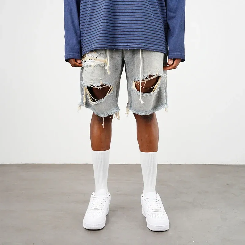 Damaged Burr Edge Hanging Beard Washed High Street Big Hole Denim Shorts