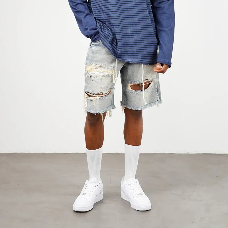 Damaged Burr Edge Hanging Beard Washed High Street Big Hole Denim Shorts