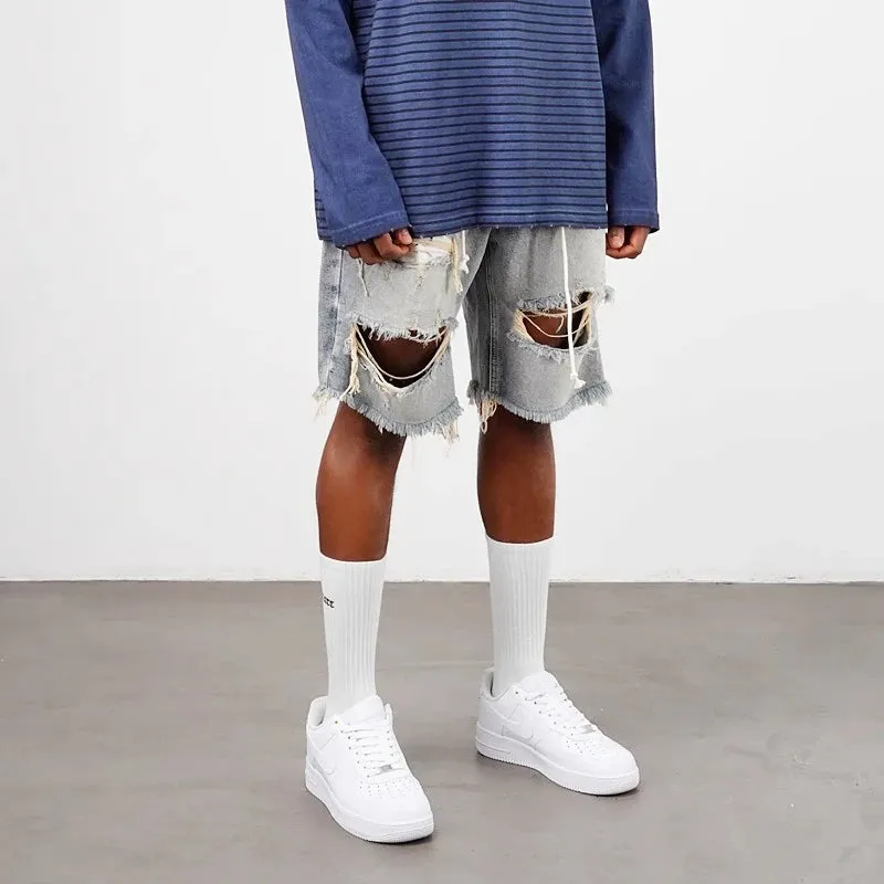 Damaged Burr Edge Hanging Beard Washed High Street Big Hole Denim Shorts