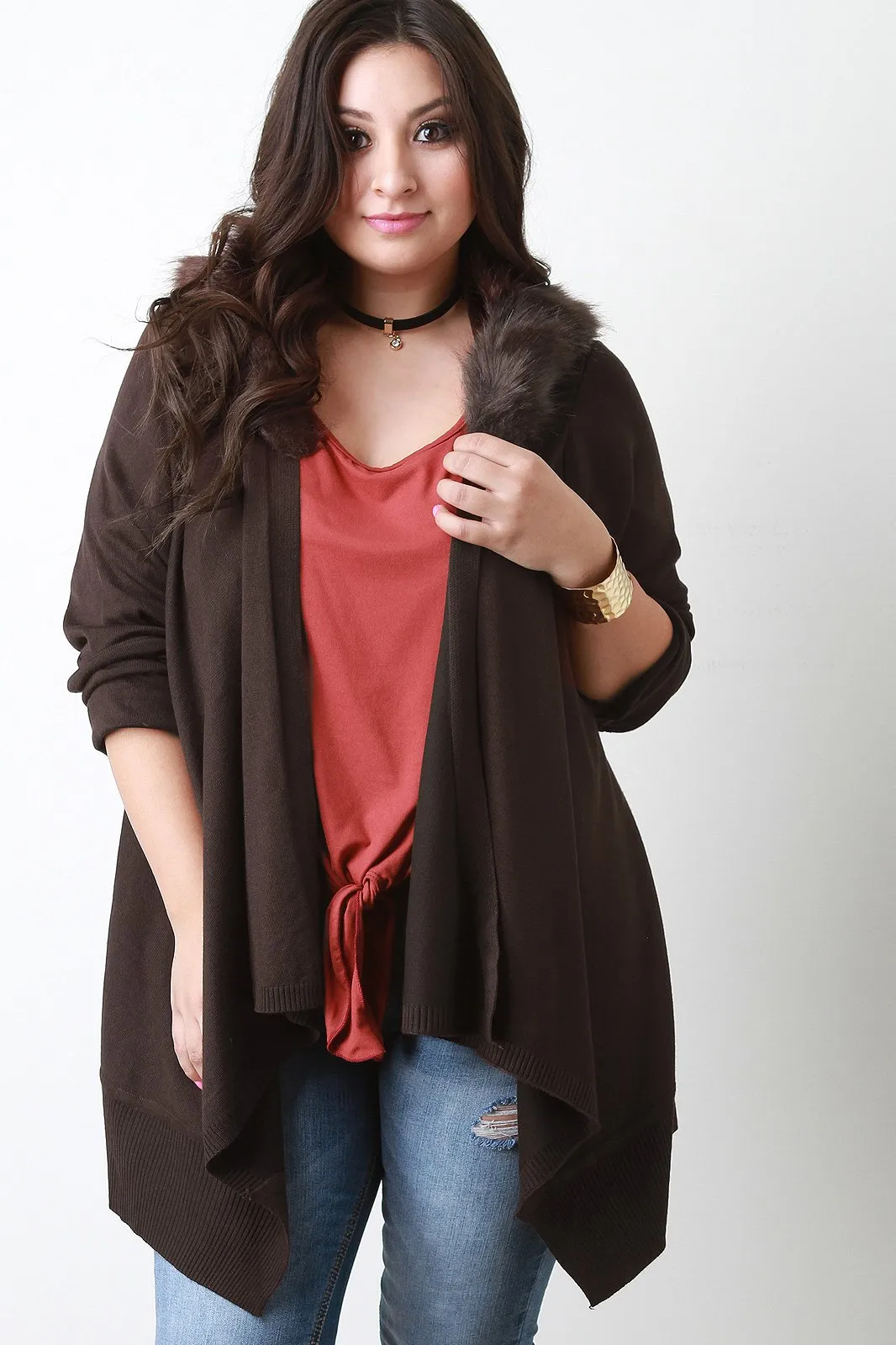 Detachable Faux Fur Collar Cardigan
