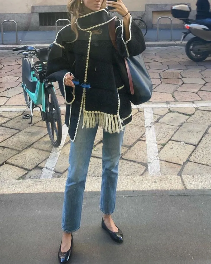 Embroie Draped Fringed Tassel Wool Blend Scarf Jacket Outerwear