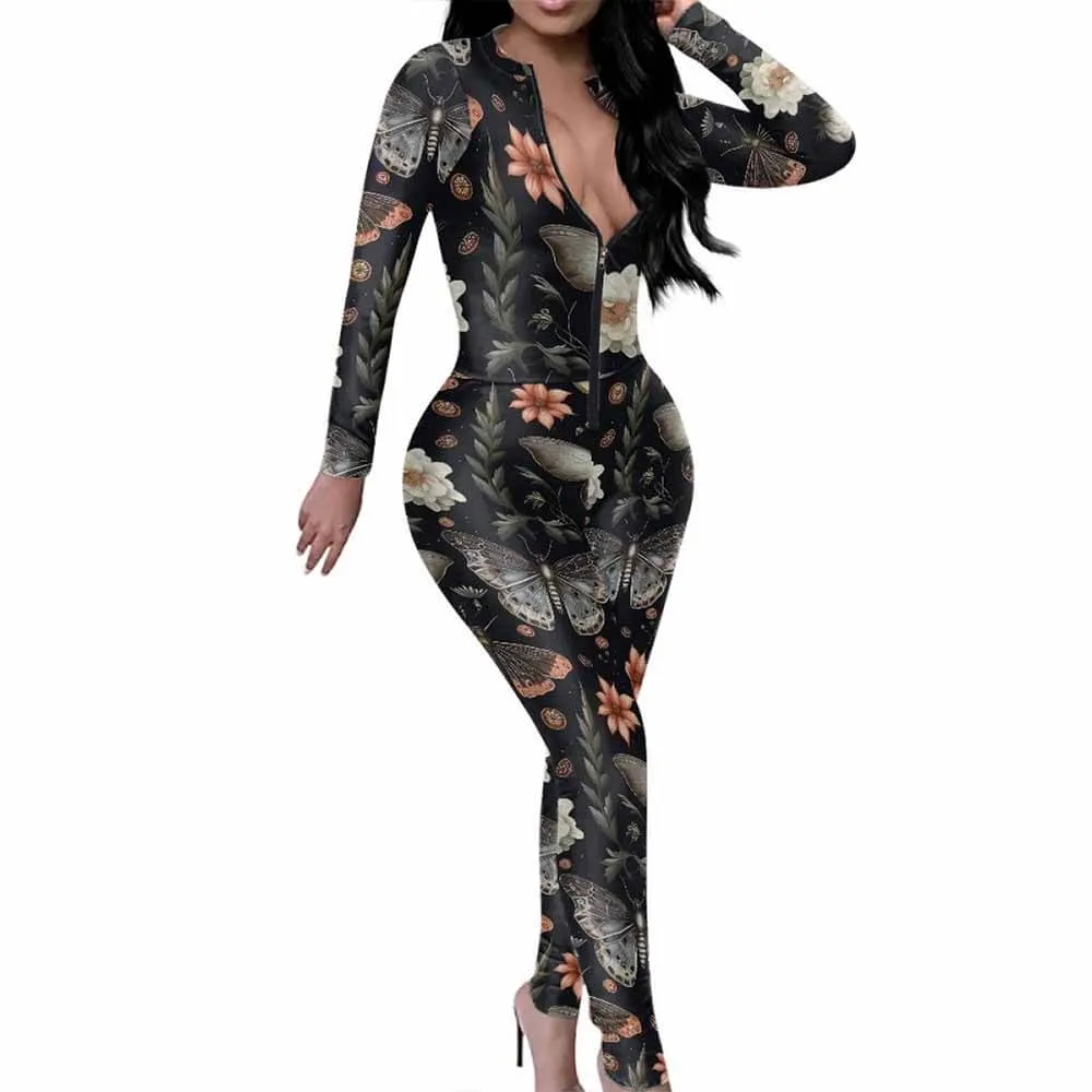Flower Butterfly Print Sexy Zipper Skinny Jumpsuit