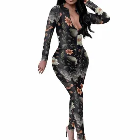 Flower Butterfly Print Sexy Zipper Skinny Jumpsuit