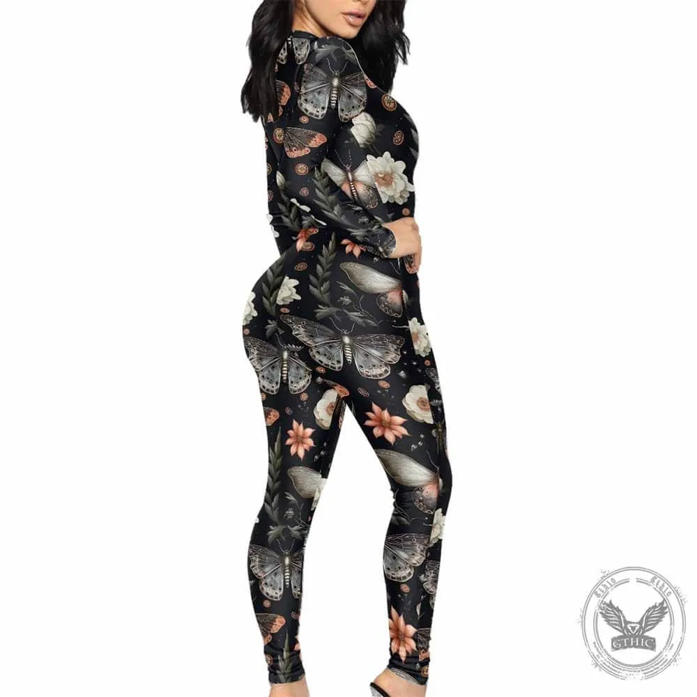 Flower Butterfly Print Sexy Zipper Skinny Jumpsuit