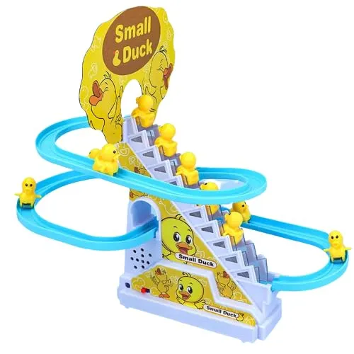 FUNVERSE Duck Track Toys For Kids - Small Ducks Stair Climbing Toys For Kids, Escalator Toy With Lights And Music - 3 Duck Included (Duck Track), Multicolor