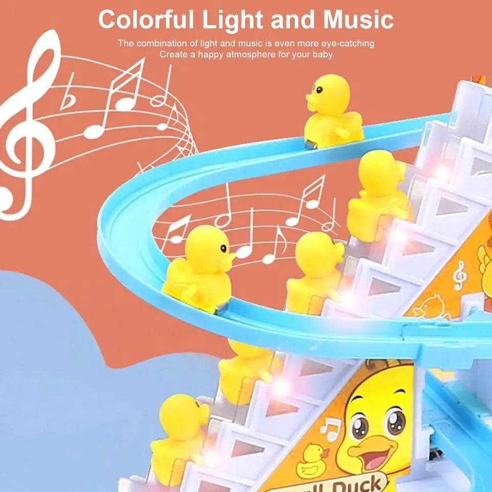 FUNVERSE Duck Track Toys For Kids - Small Ducks Stair Climbing Toys For Kids, Escalator Toy With Lights And Music - 3 Duck Included (Duck Track), Multicolor