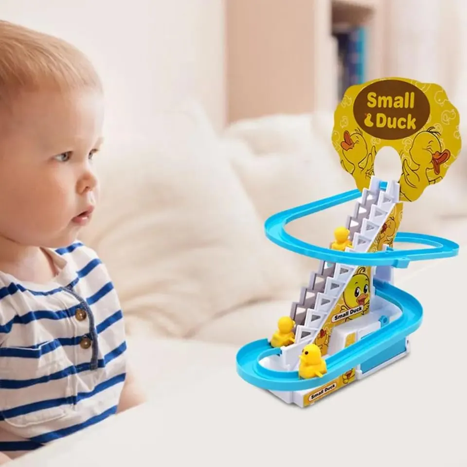 FUNVERSE Duck Track Toys For Kids - Small Ducks Stair Climbing Toys For Kids, Escalator Toy With Lights And Music - 3 Duck Included (Duck Track), Multicolor