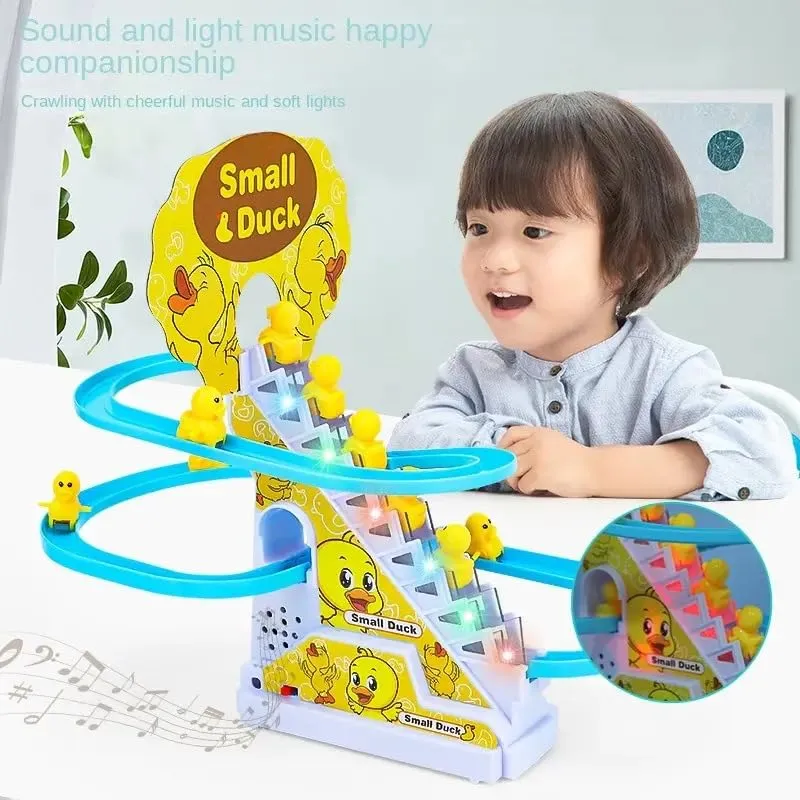 FUNVERSE Duck Track Toys For Kids - Small Ducks Stair Climbing Toys For Kids, Escalator Toy With Lights And Music - 3 Duck Included (Duck Track), Multicolor