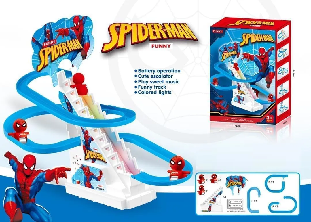 FUNVERSE® Spiderman Track Toys for Kids - Small Spiderman Stair Climbing Toys for Kids, Escalator Toy with Lights and Music - 3 Spiderman Included (Spiderman Track)
