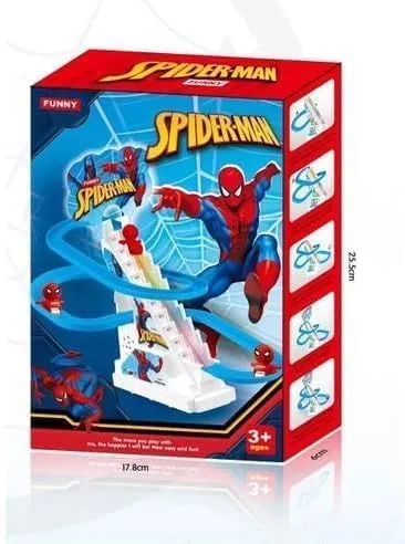 FUNVERSE® Spiderman Track Toys for Kids - Small Spiderman Stair Climbing Toys for Kids, Escalator Toy with Lights and Music - 3 Spiderman Included (Spiderman Track)