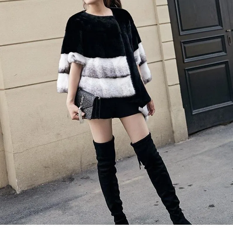 Genuine Mink  Fur  O-Neck Patchwork Long Spliced Coat